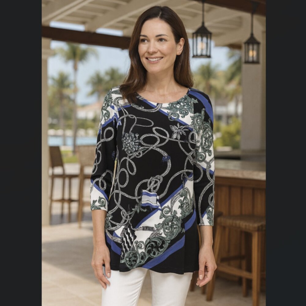 Chicos Travelers 3/4 Sleeve Nautical Tunic | Chico's Size 0, US 4/6, Small